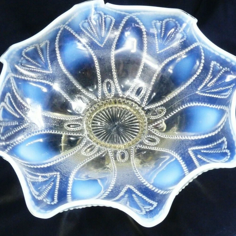 VTG White Opalescent Moonstone Glass Ruffled Rim footed Pedestal Candy Dish Bowl - Picture 8 of 8